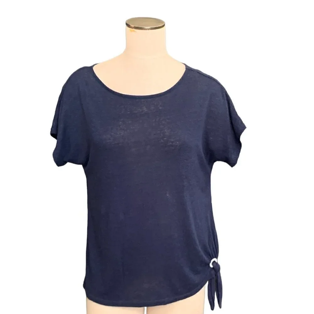 Michael Kors Linen-Viscose‎ Short Sleeve Tee Side Tie Sz M Navy Blue 104D